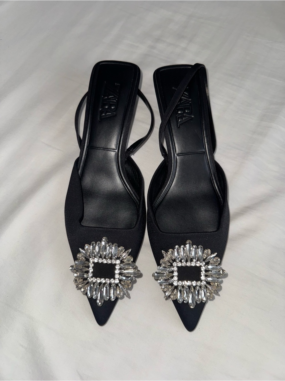 New Zara Black Embellished Pointed Toe Slingback Flats